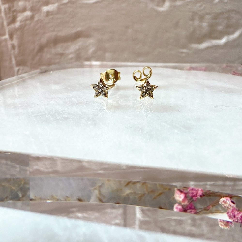 Cute Tiny Sparkly Gold Star Stud Earrings | 14k Gold Plated Sterling Silver - Picture 1 of 3